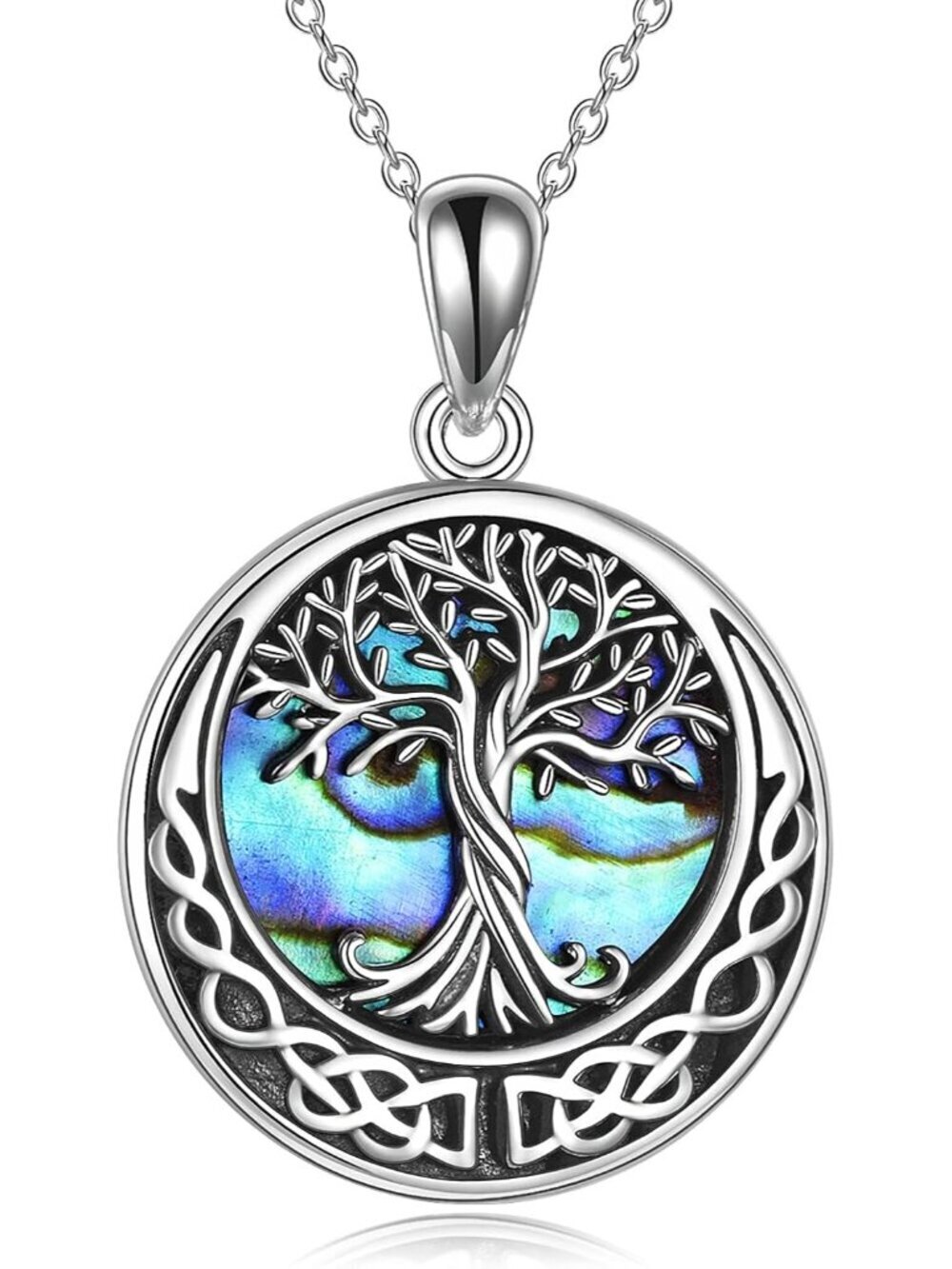 Women's Sterling Silver Abalone Shell Celtic Knot Pendant Tree of Life Necklace